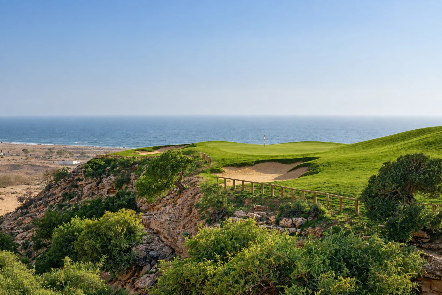 Green perched on the cliffs above the Atlantic at Tazegzout Golf Club, Taghazout Bay, Agadir